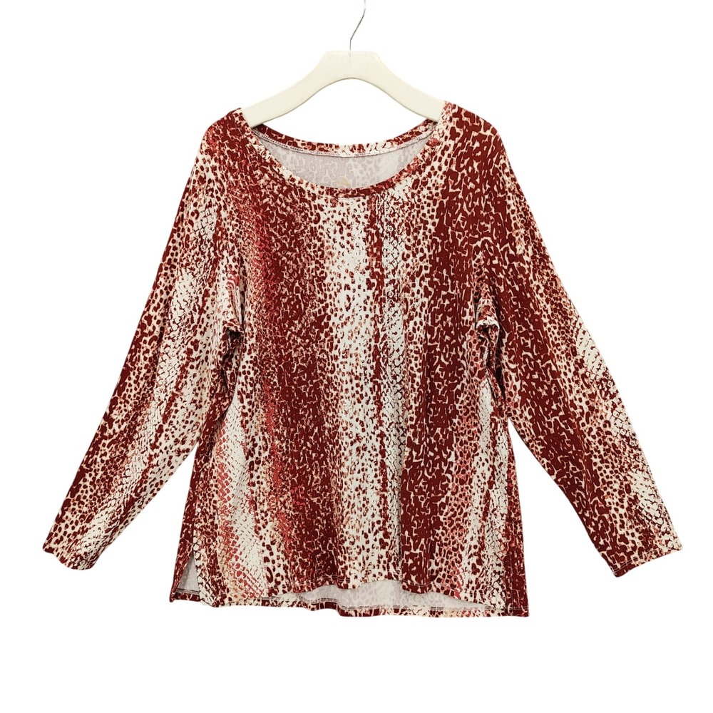 Belle Kim Gravel Women TripleLuxe Knit Modern Snake Animal Top L Burgundy Cream